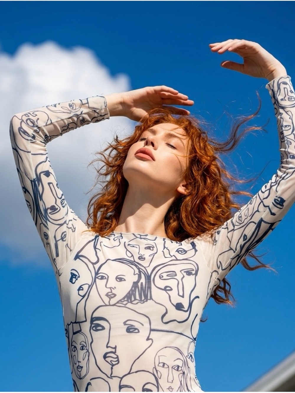 Cream Long-Sleeve Abstract Face Print Top by